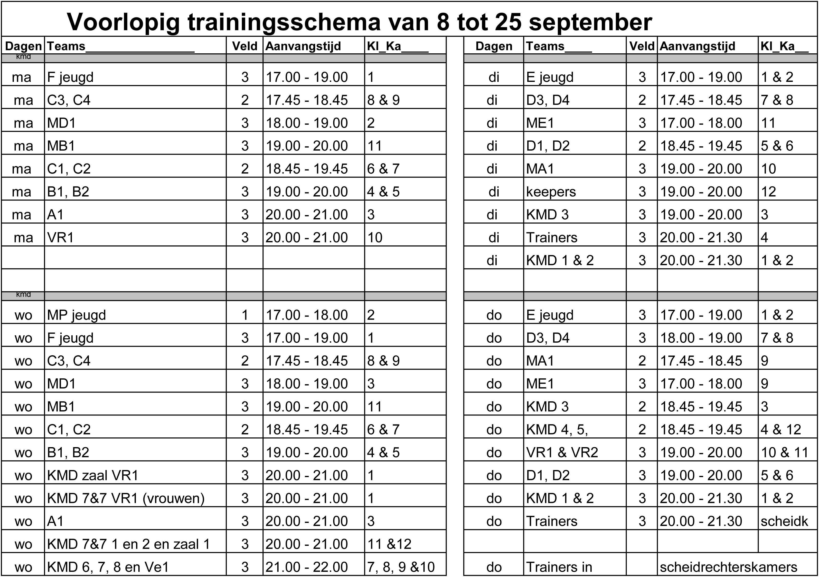Nieuwe tijdelijke trainingsschema
