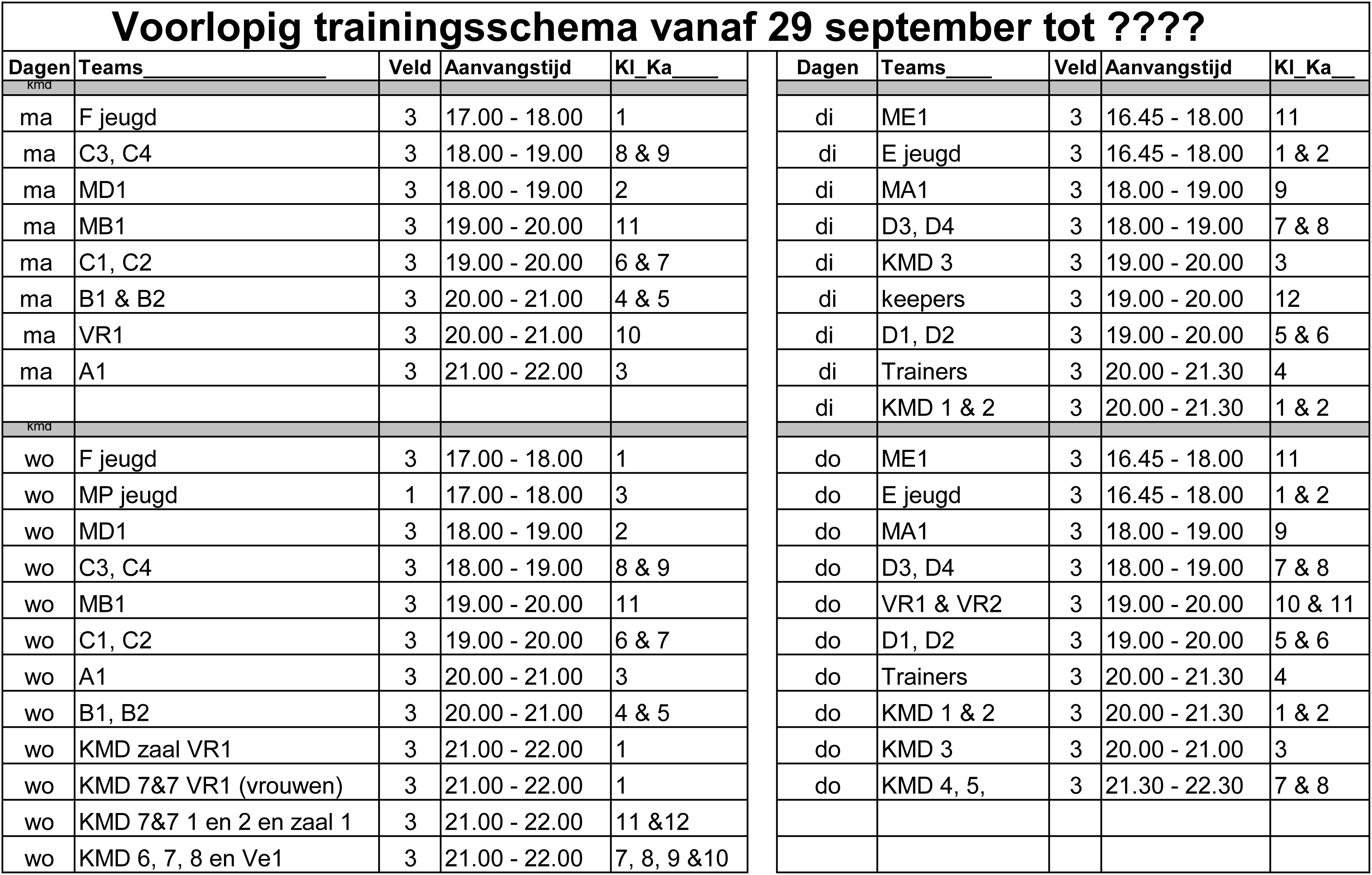 Trainingschema van af 29 september  iets aangepast