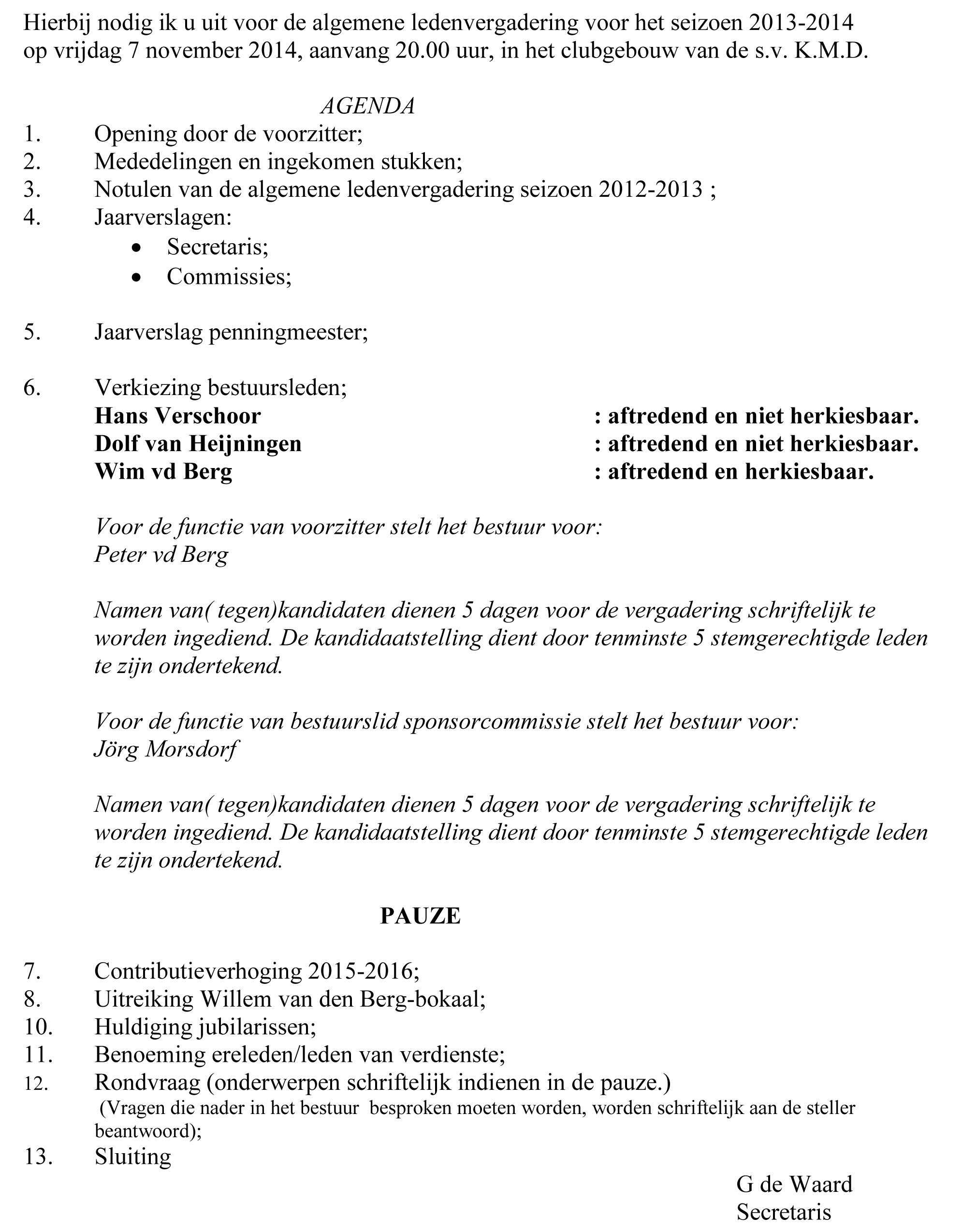 Agenda A.L.V. voor 7 november 2014