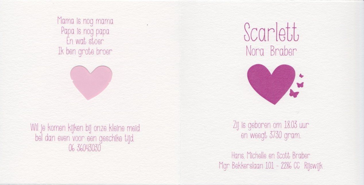 Geboorte nieuws van Scarlett Nora Braber