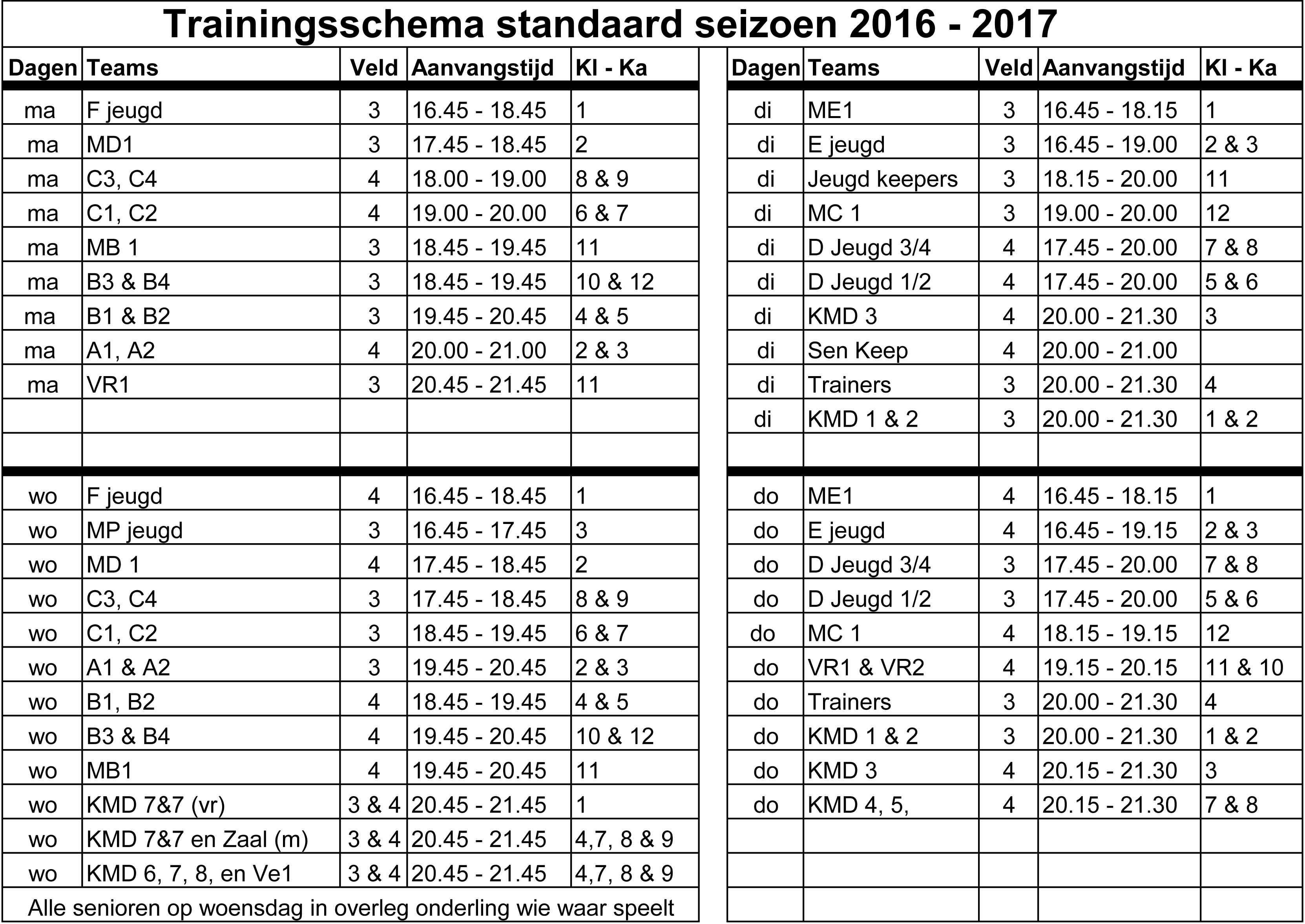 Trainingsschema seizoen 2016-2017 aanpassing