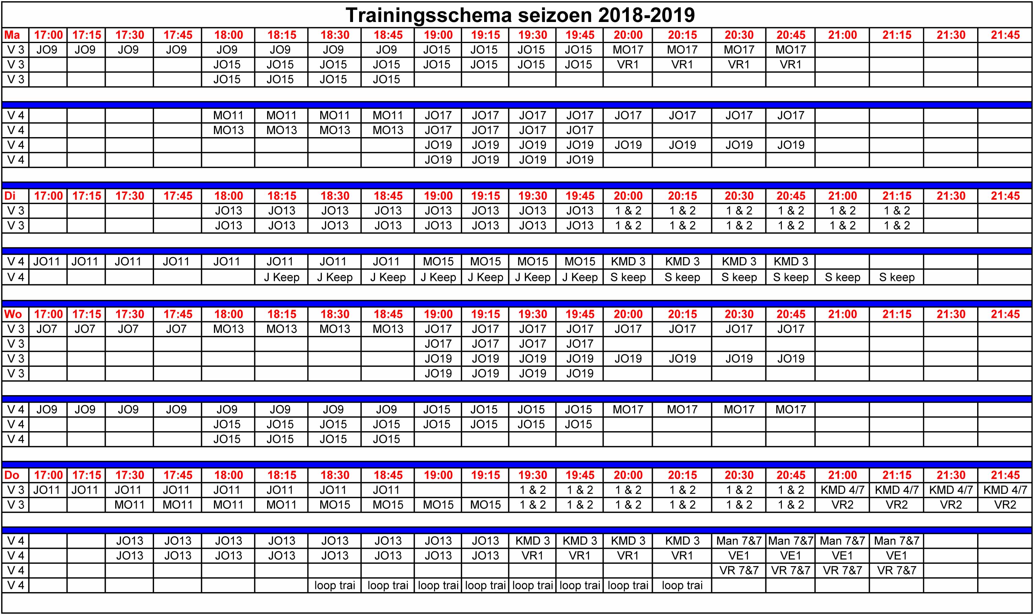 Trainingsschema 2018-2019