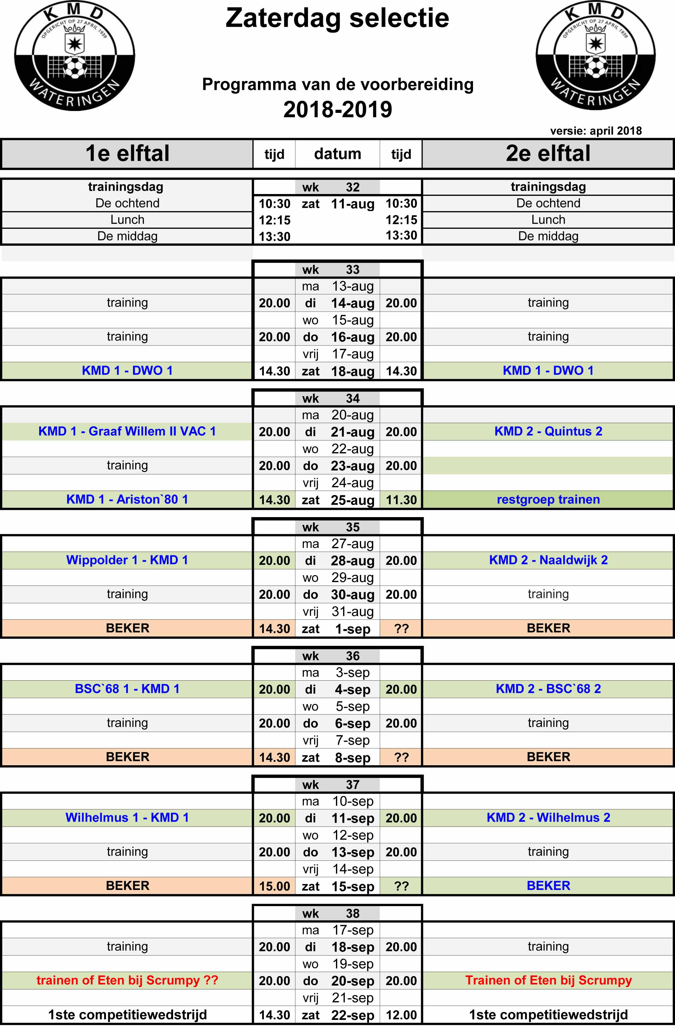 Voorbereiding selectie KMD seizoen 2018-2019