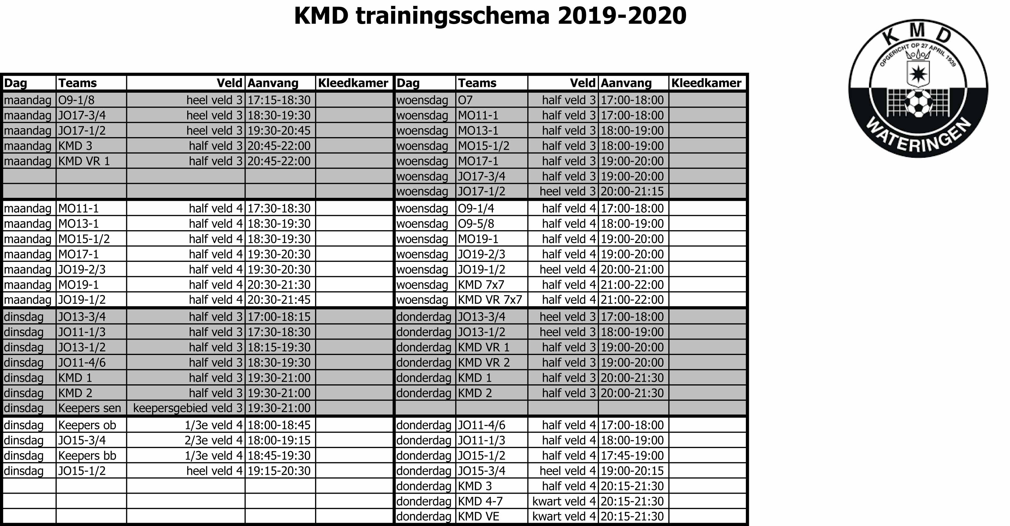 Trainingsschema 2019-2020