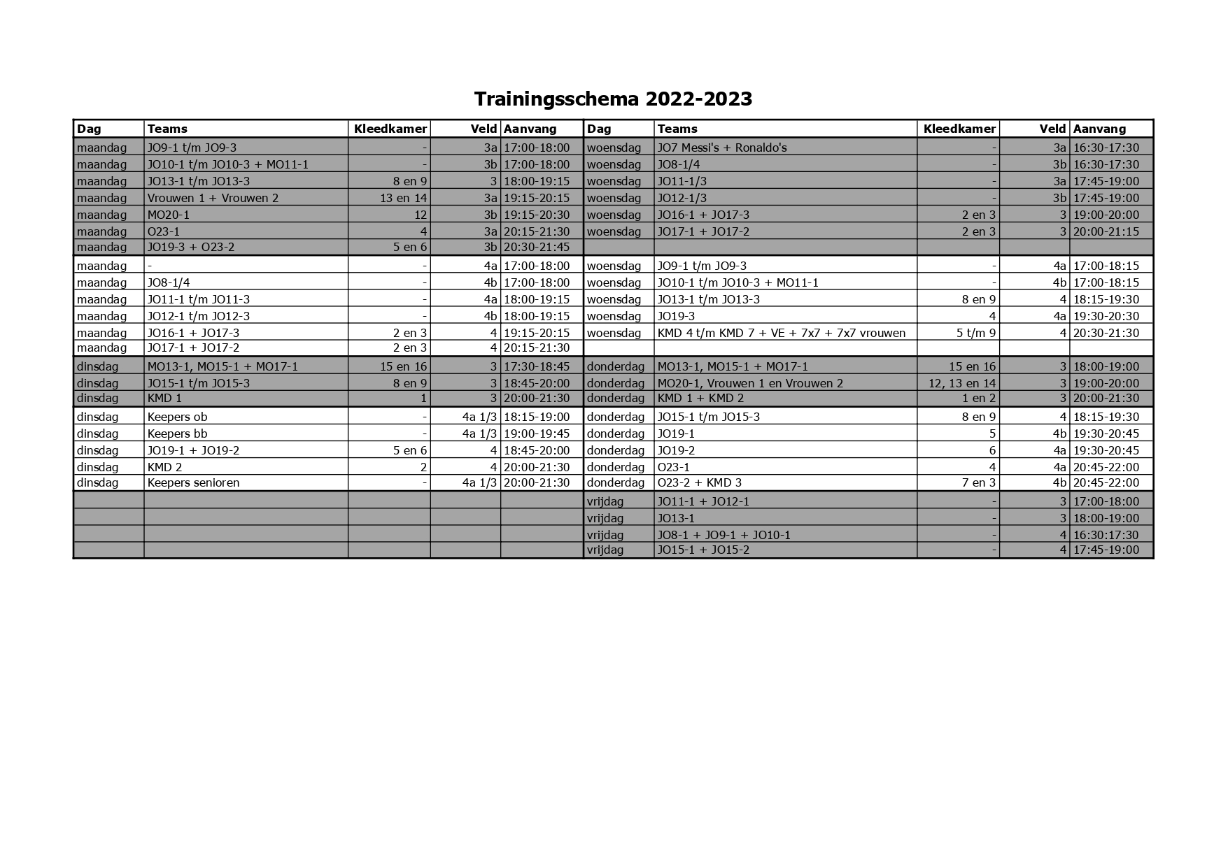 Trainingsschema 2022-2023 