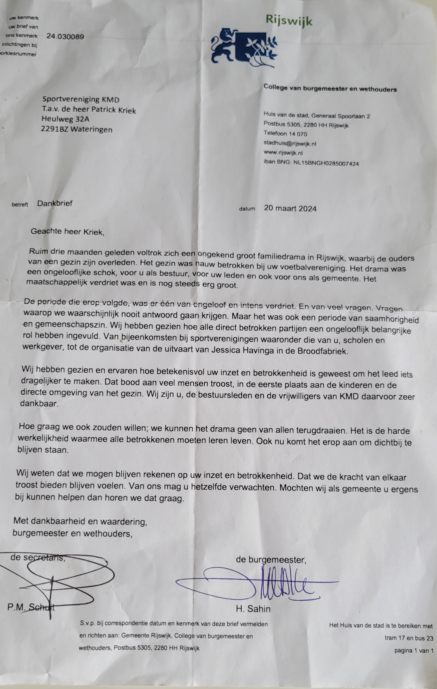 Dankbrief van de burgermeester van Rijswijk