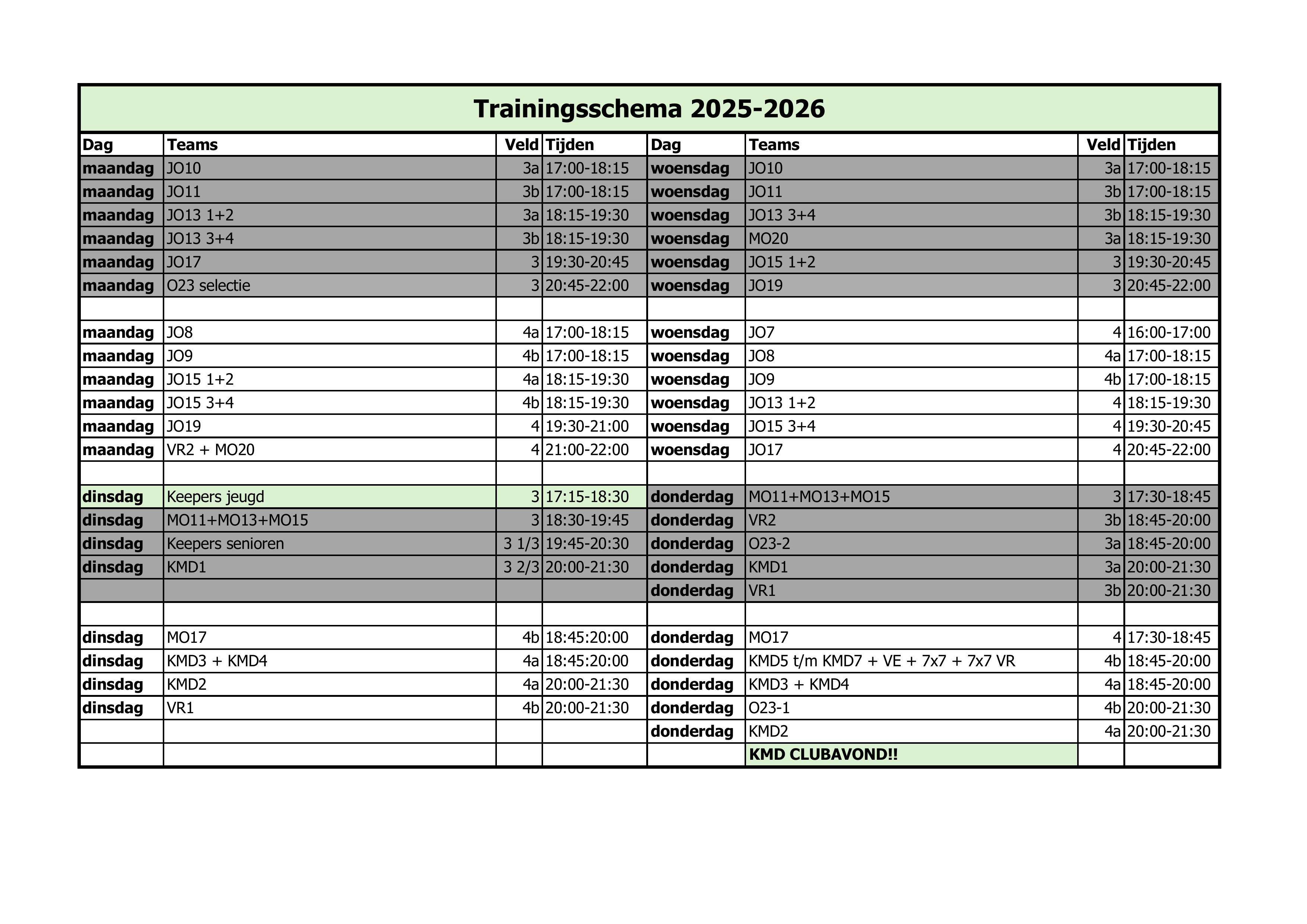 Trainingsschema 2025-2026 bekend