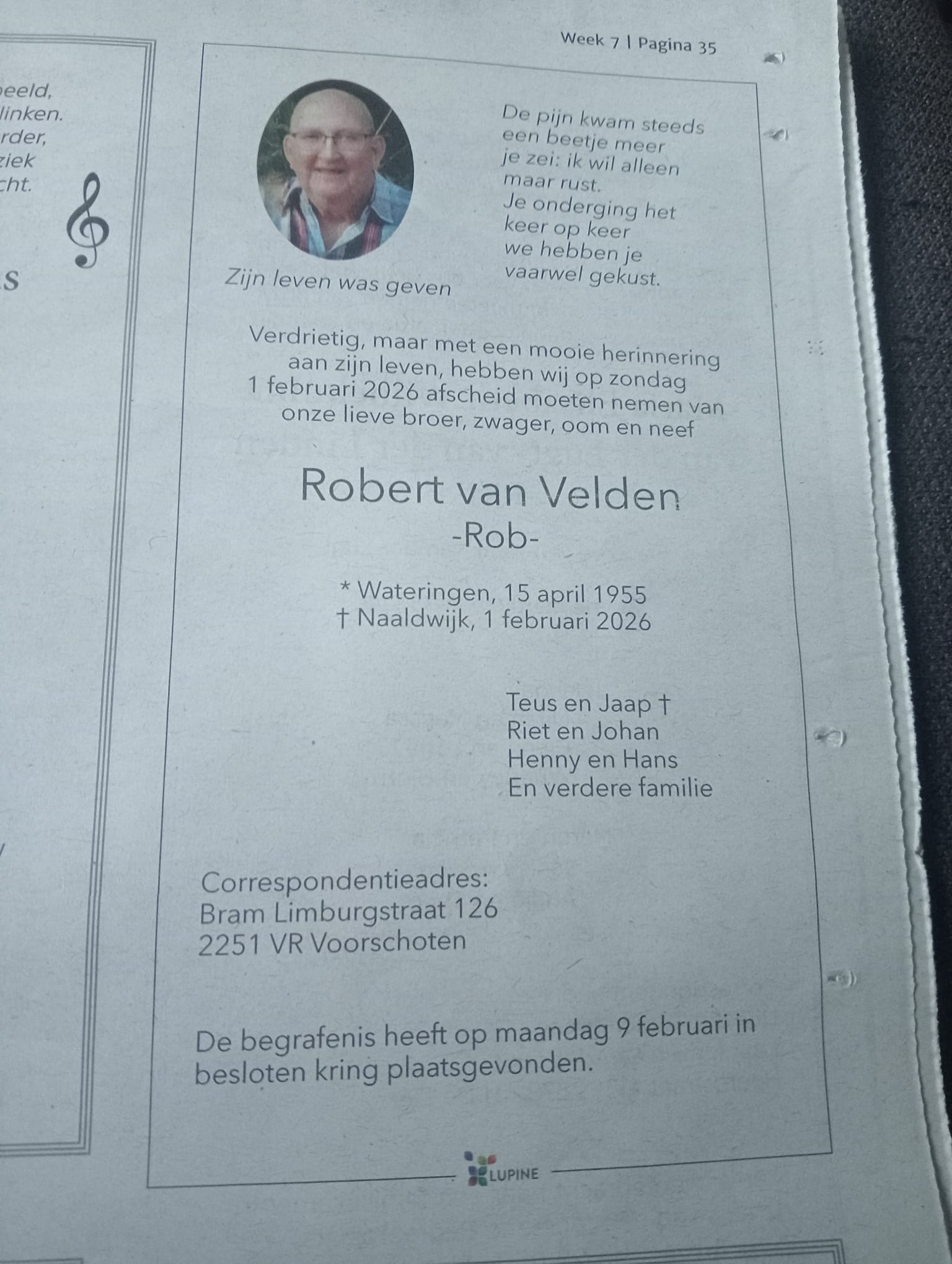 Overlijden Rob van Velden