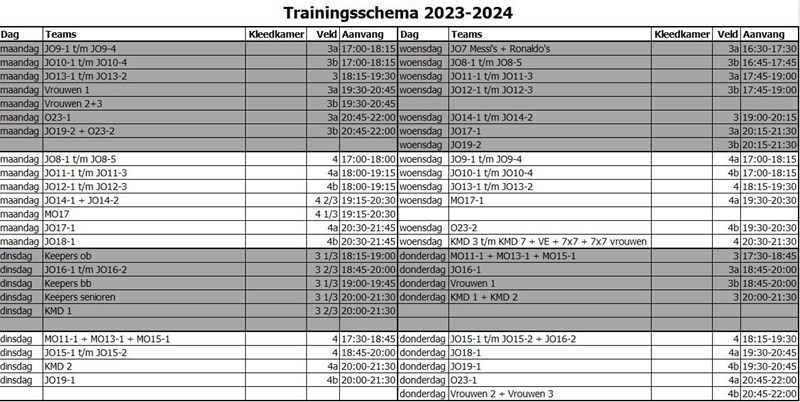 Trainingsschema 2023-2024