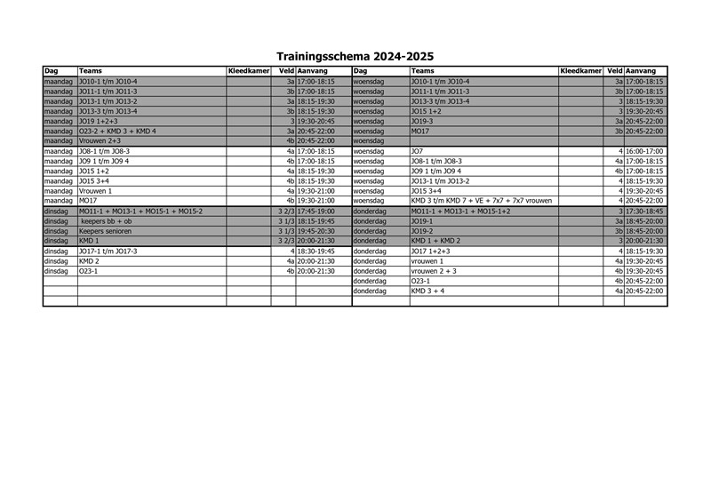 Trainingsschema 2024-2025