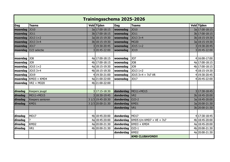 Trainingsschema 2025-2026
