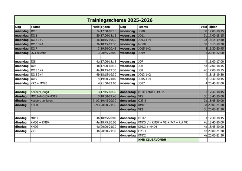 Trainingsschema 2025-2026