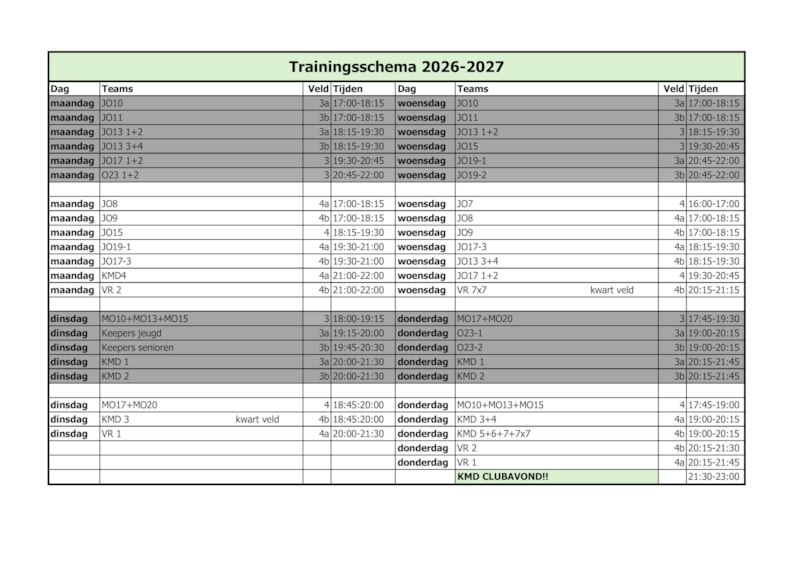 Trainingsschema 2026-2027