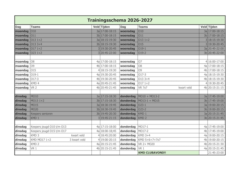 Trainingsschema 2026-2027